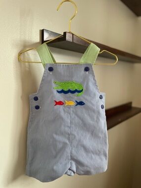 Blue Pinstripe Toddler Romper with Crocodile & Fish Applique
